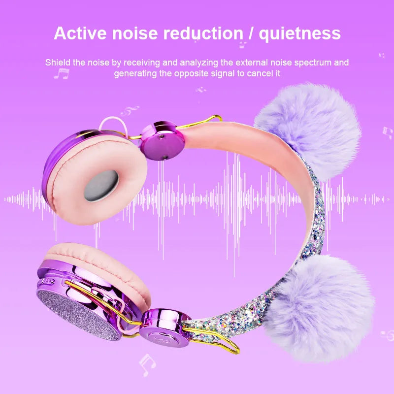 Bling Girl Kid Bluetooth Wireless Headphone With Microphone Luxury Glitter Cute Hairball Music Helmet Wired Phone Headset Gift