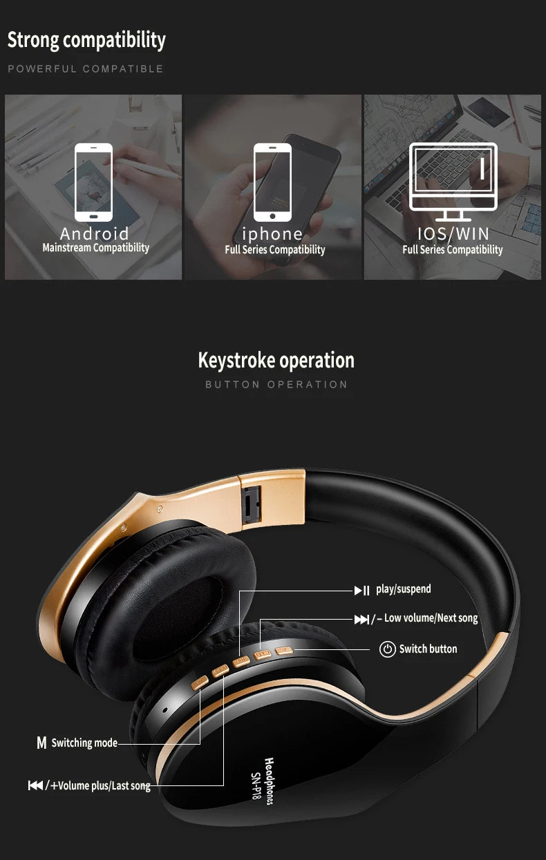 Wireless Bluetooth Headphones Noise Reduction Headset Foldable Stereo Bass Sound Adjustable Earphones With Mic for Smartphone PC