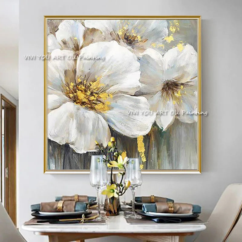 Handpainted Abstract Big White Flower Canvas Painting Modern Picture for Living Room Aisle Fashion Wall Art Picture Gifts