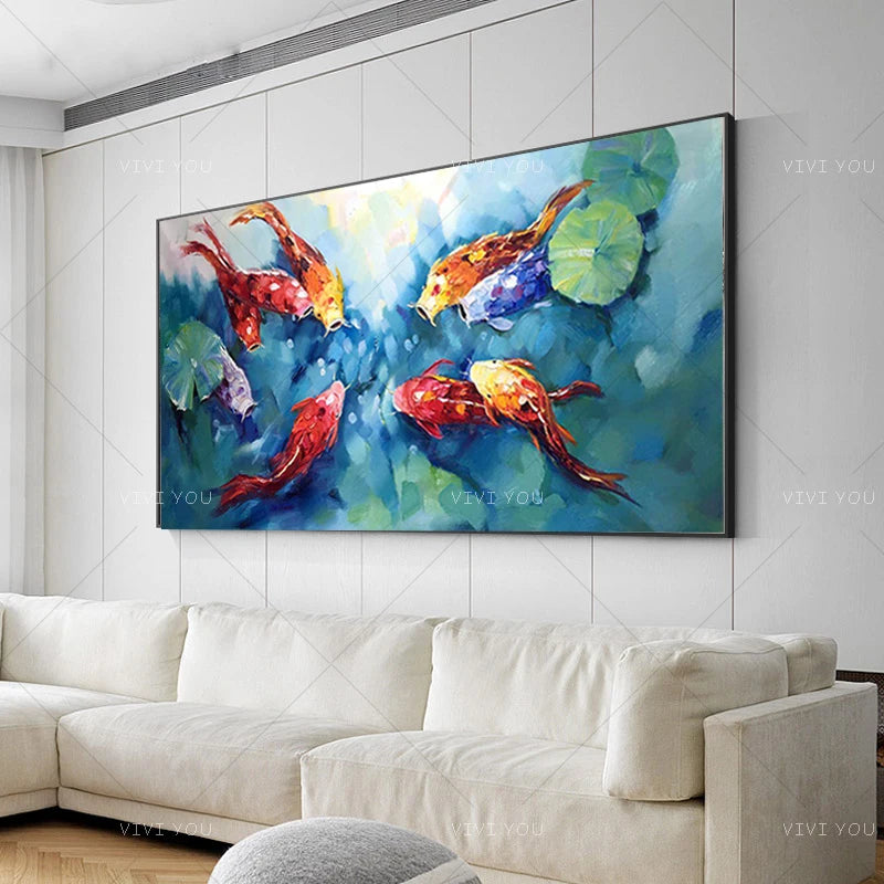 Canvas Wall Decoration 100％Hand-painted Fishes Wall Picture Oil Painting Frameless Artwork For Living Room