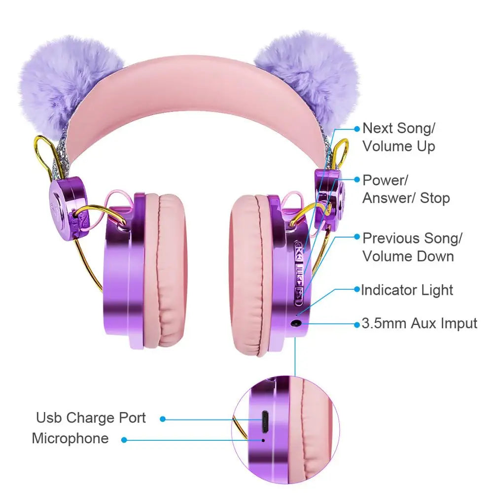 Bling Girl Kid Bluetooth Wireless Headphone With Microphone Luxury Glitter Cute Hairball Music Helmet Wired Phone Headset Gift