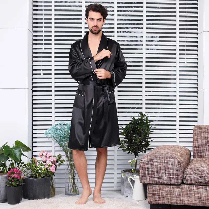 New Arrival Luxury Designer Men's Silk Kimono Robe Novelty Long Sleeve Sleepwear Bathrobe Satin Nightgown Summer Home Clothing