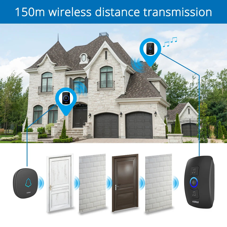 KERUI Outdoor M525 Waterproof Wireless Doorbell Smart Home Door Bell Kit LED Flash Security Alarm Welcome House 60 Melodies