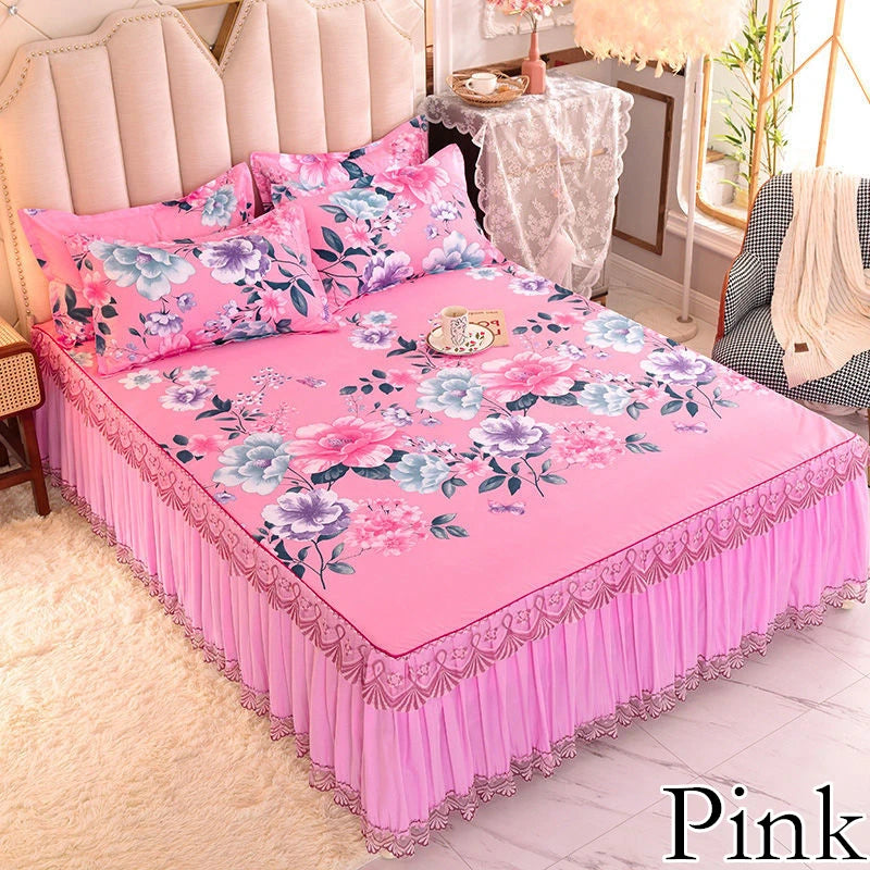 Cotton Lace Bed Skirt, Thick Anti Slip Pad, Protective Ruffled Bedding Sheet, Dust Flouncing Bedspread, Mattress Cover, 3Pcs Set