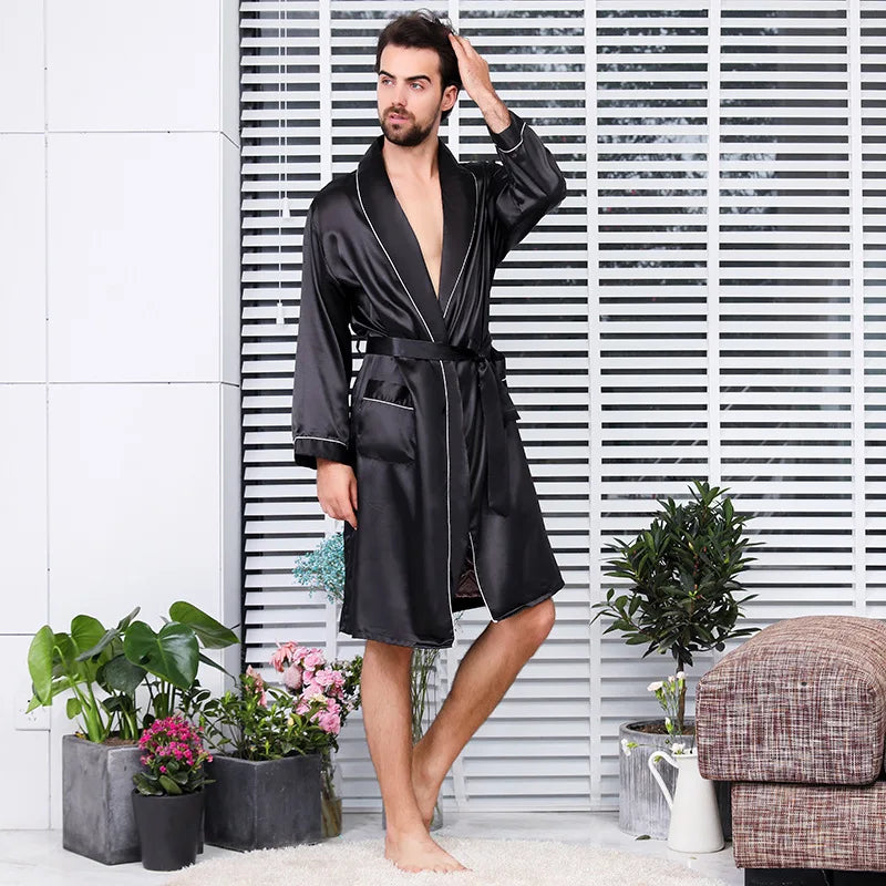 New Arrival Luxury Designer Men's Silk Kimono Robe Novelty Long Sleeve Sleepwear Bathrobe Satin Nightgown Summer Home Clothing