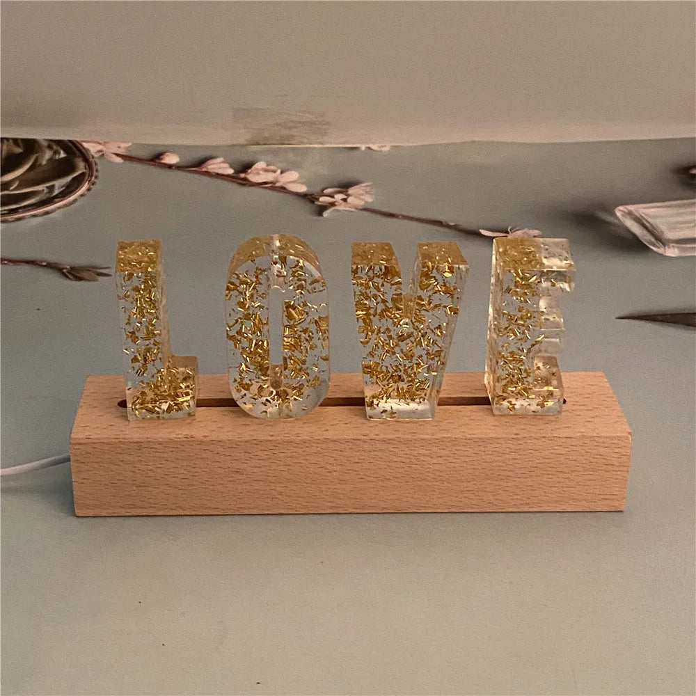 Personalized Custom 26 Letter Initial Pressed Dried Flower Nightlight USB LED Wood Base Night Light Home Decor Unique Gift