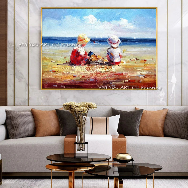 The Best Color Sea View Happy Children Abstract Handmade Oil Painting On Canvas Figure Wall Art Picture for Living Room Decor