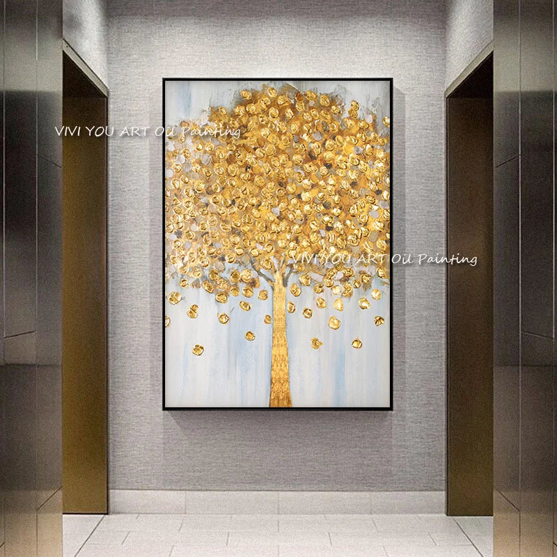 Handpainted Abstract Gold Tree Nature Oil Paintings Painting Wall for Home Fall Leaf Forest Landscape Decor