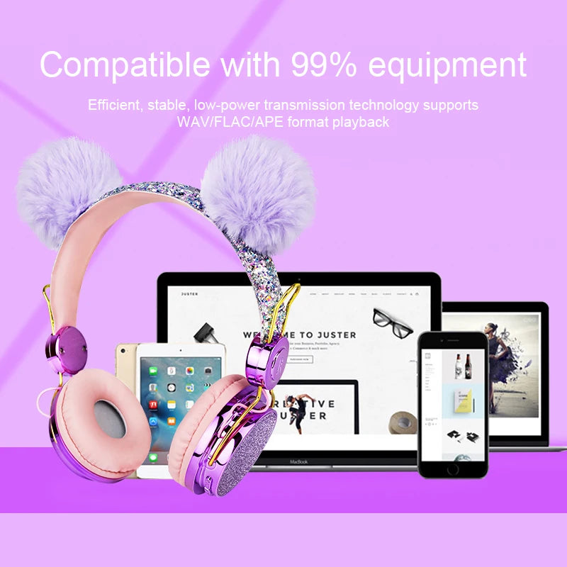 Bling Girl Kid Bluetooth Wireless Headphone With Microphone Luxury Glitter Cute Hairball Music Helmet Wired Phone Headset Gift