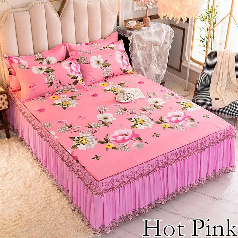 Cotton Lace Bed Skirt, Thick Anti Slip Pad, Protective Ruffled Bedding Sheet, Dust Flouncing Bedspread, Mattress Cover, 3Pcs Set