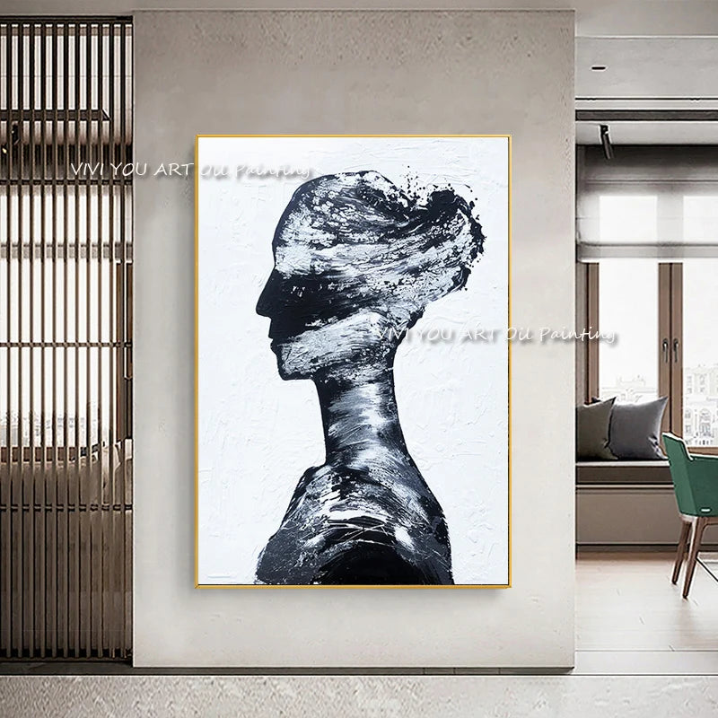 The Top Selling Handmande Black White Woman Portrait Abstract Oil Painting Canvas Wall Art Picture For Home Decor Girl Graph