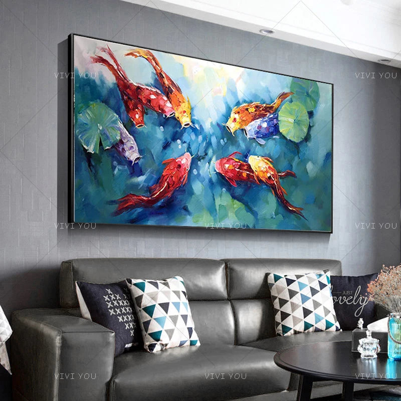 Canvas Wall Decoration 100％Hand-painted Fishes Wall Picture Oil Painting Frameless Artwork For Living Room