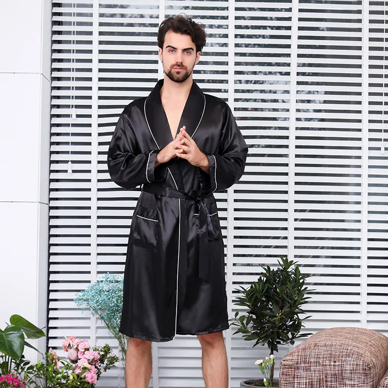 New Arrival Luxury Designer Men's Silk Kimono Robe Novelty Long Sleeve Sleepwear Bathrobe Satin Nightgown Summer Home Clothing