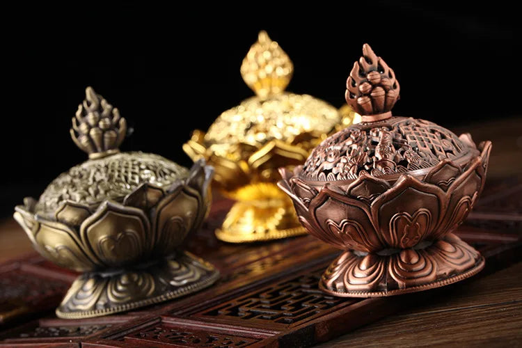 Lotus Flower Incense Burner Buddhism Buddha Holder Brass Mini Censer Incense Metal Craft Home Decoration