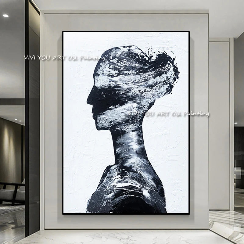 The Top Selling Handmande Black White Woman Portrait Abstract Oil Painting Canvas Wall Art Picture For Home Decor Girl Graph