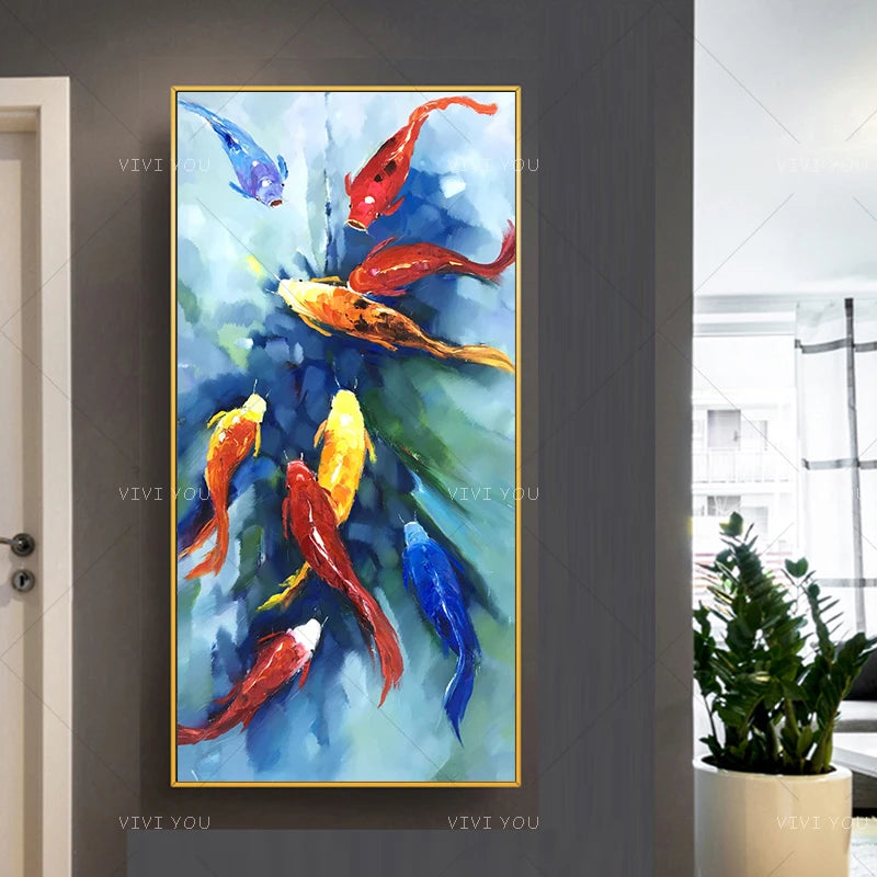 Canvas Wall Decoration 100％Hand-painted Fishes Wall Picture Oil Painting Frameless Artwork For Living Room