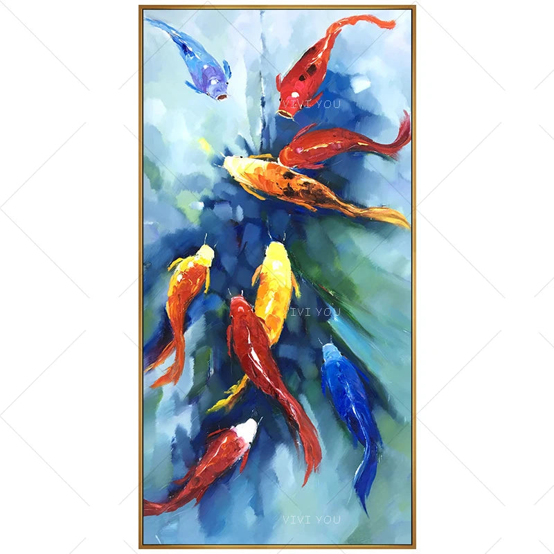 Canvas Wall Decoration 100％Hand-painted Fishes Wall Picture Oil Painting Frameless Artwork For Living Room