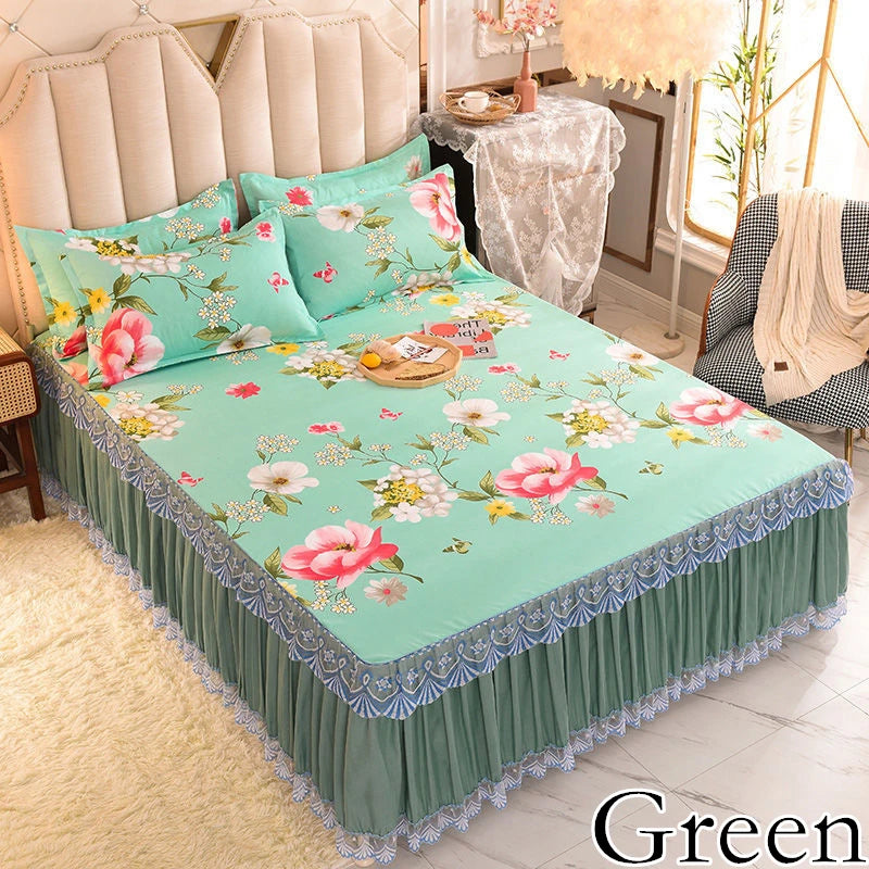 Cotton Lace Bed Skirt, Thick Anti Slip Pad, Protective Ruffled Bedding Sheet, Dust Flouncing Bedspread, Mattress Cover, 3Pcs Set