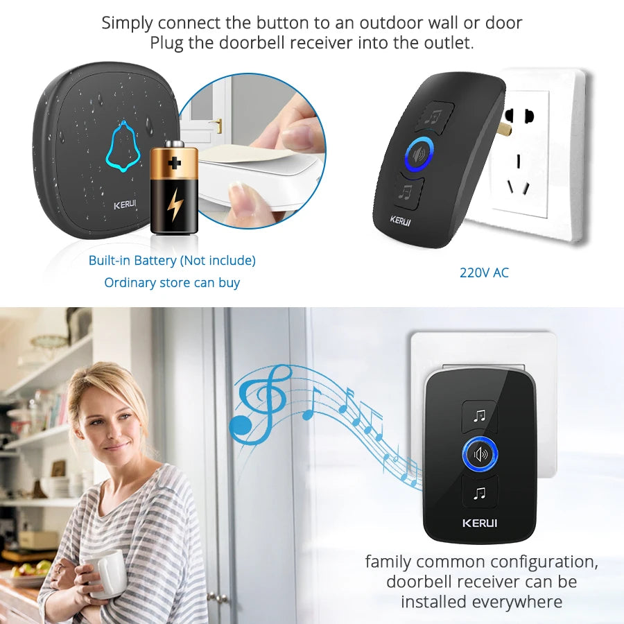 KERUI Outdoor M525 Waterproof Wireless Doorbell Smart Home Door Bell Kit LED Flash Security Alarm Welcome House 60 Melodies