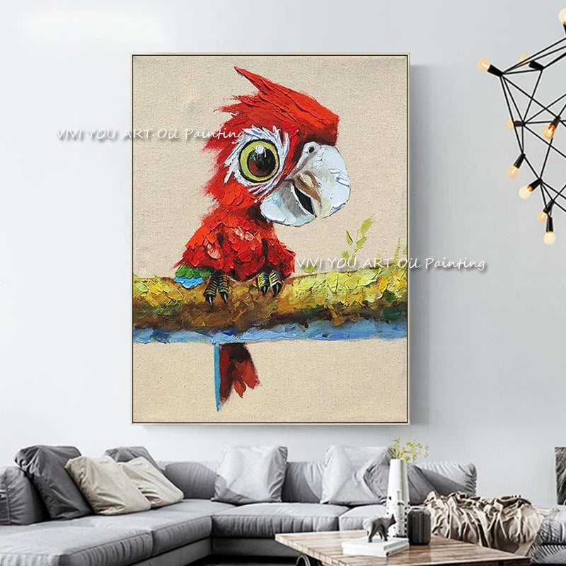 Abstract Animal Colorful Handpainted Red Parrot Oil Painting On Canvas Frameless Creative Wall Picture For Living Room Decoraion