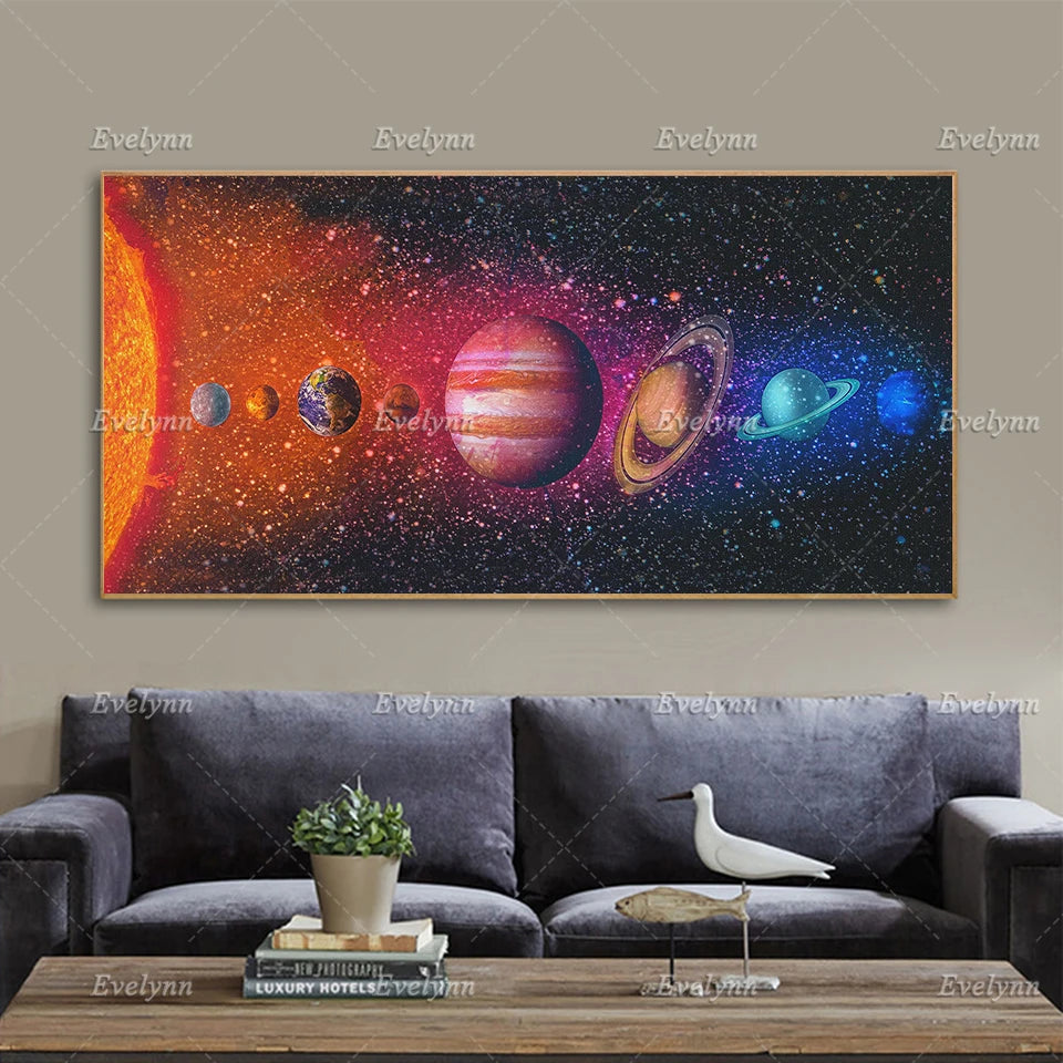 Solar System Art Print Canvas-Colorful Planets-Galaxy Stars Statement Fine Art Wall Painting- Astronomy Outer Space Postrt Decor