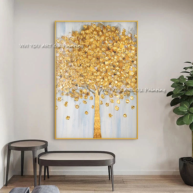 Handpainted Abstract Gold Tree Nature Oil Paintings Painting Wall for Home Fall Leaf Forest Landscape Decor