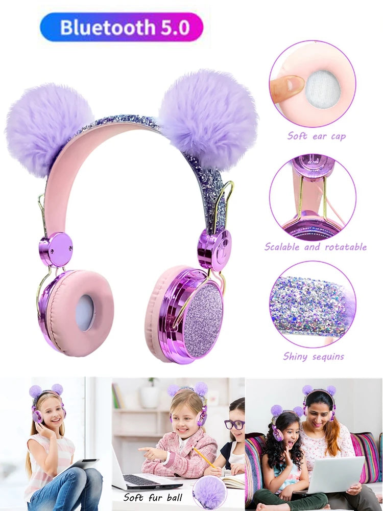 Bling Girl Kid Bluetooth Wireless Headphone With Microphone Luxury Glitter Cute Hairball Music Helmet Wired Phone Headset Gift