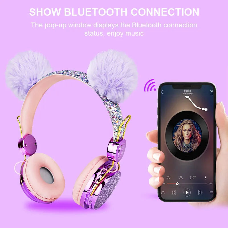 Bling Girl Kid Bluetooth Wireless Headphone With Microphone Luxury Glitter Cute Hairball Music Helmet Wired Phone Headset Gift