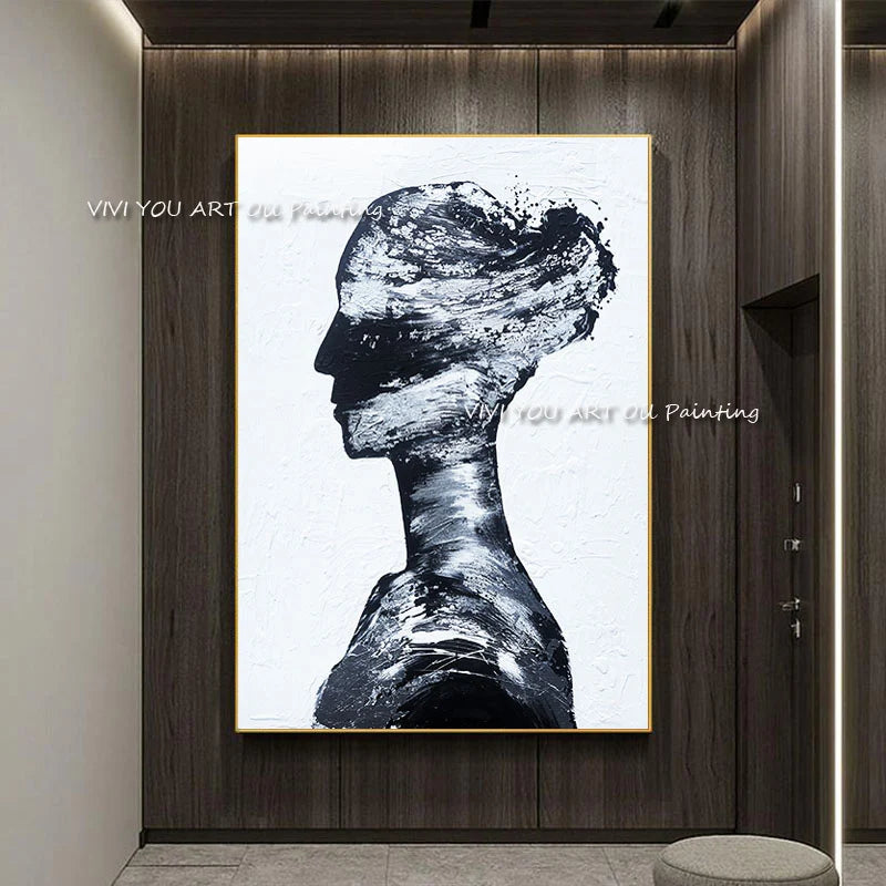 The Top Selling Handmande Black White Woman Portrait Abstract Oil Painting Canvas Wall Art Picture For Home Decor Girl Graph