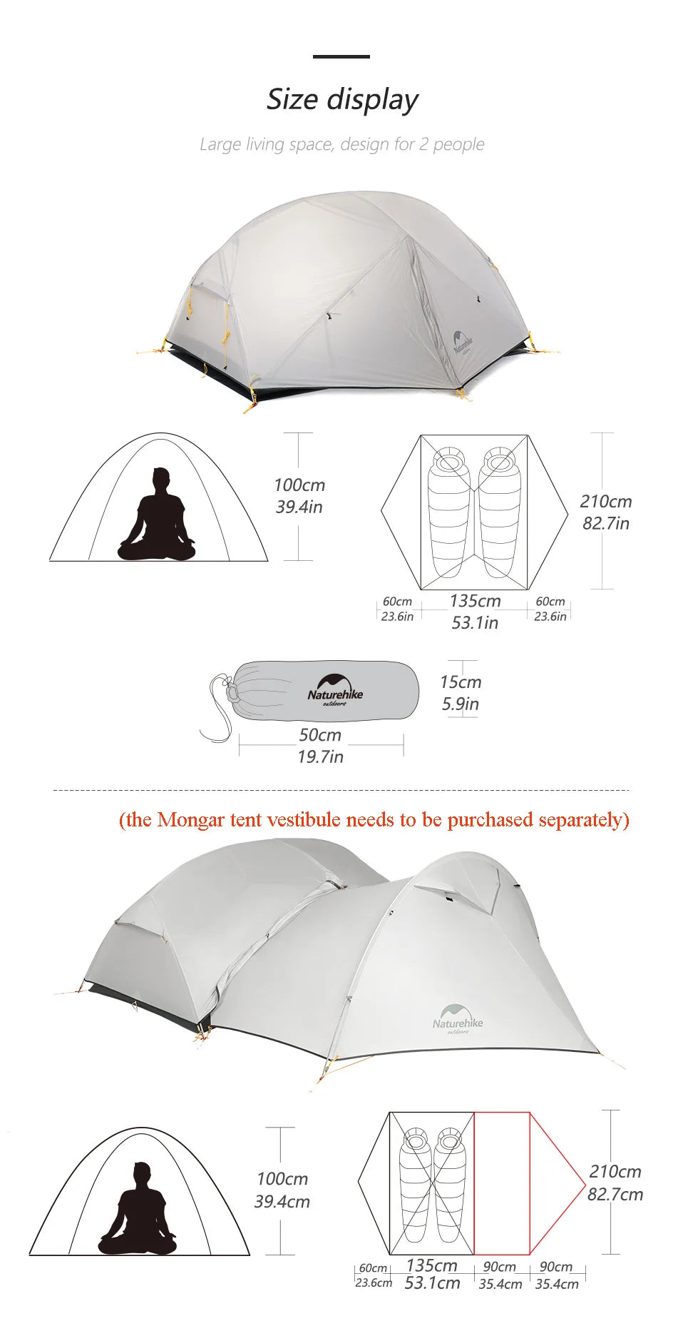 Naturehike Camping Tent 2 Person Mongar Ultralight Tent Outdoor Travel Tent Double Layer Waterproof Tent 3 Season Portable Tent