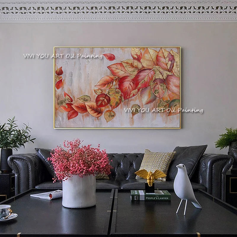 The Hot Selling Handpainted Shadow Foil Golden Frameless Simple Oil Painting On Canvas Wall Art Pictures For Office Leaf Decor