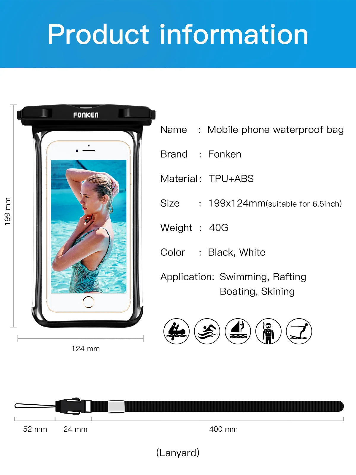 FONKEN Full View Waterproof Case for Phone Underwater Snow Rainforest Transparent Dry Bag Swimming Pouch Big Mobile Phone Covers