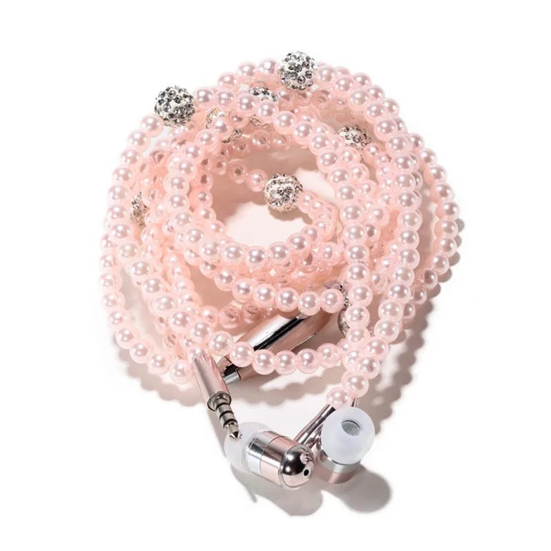 kecesic Arrival Fashion Earphones Luxurious Bling Pearl Necklace Earphones for Girls With Mic For iphone samsung free shipping