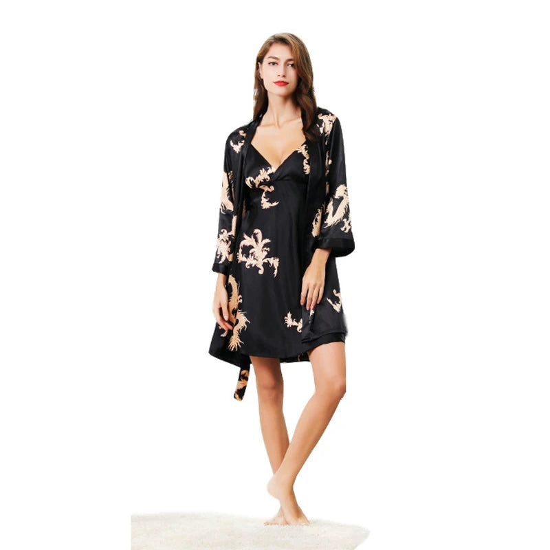 Luxury Designer women's Silk Kimono Robe Set 5XL Sleepwear Bathrobe Oversized Satin Nightgown 2PC Ladies Summer Home Clothing