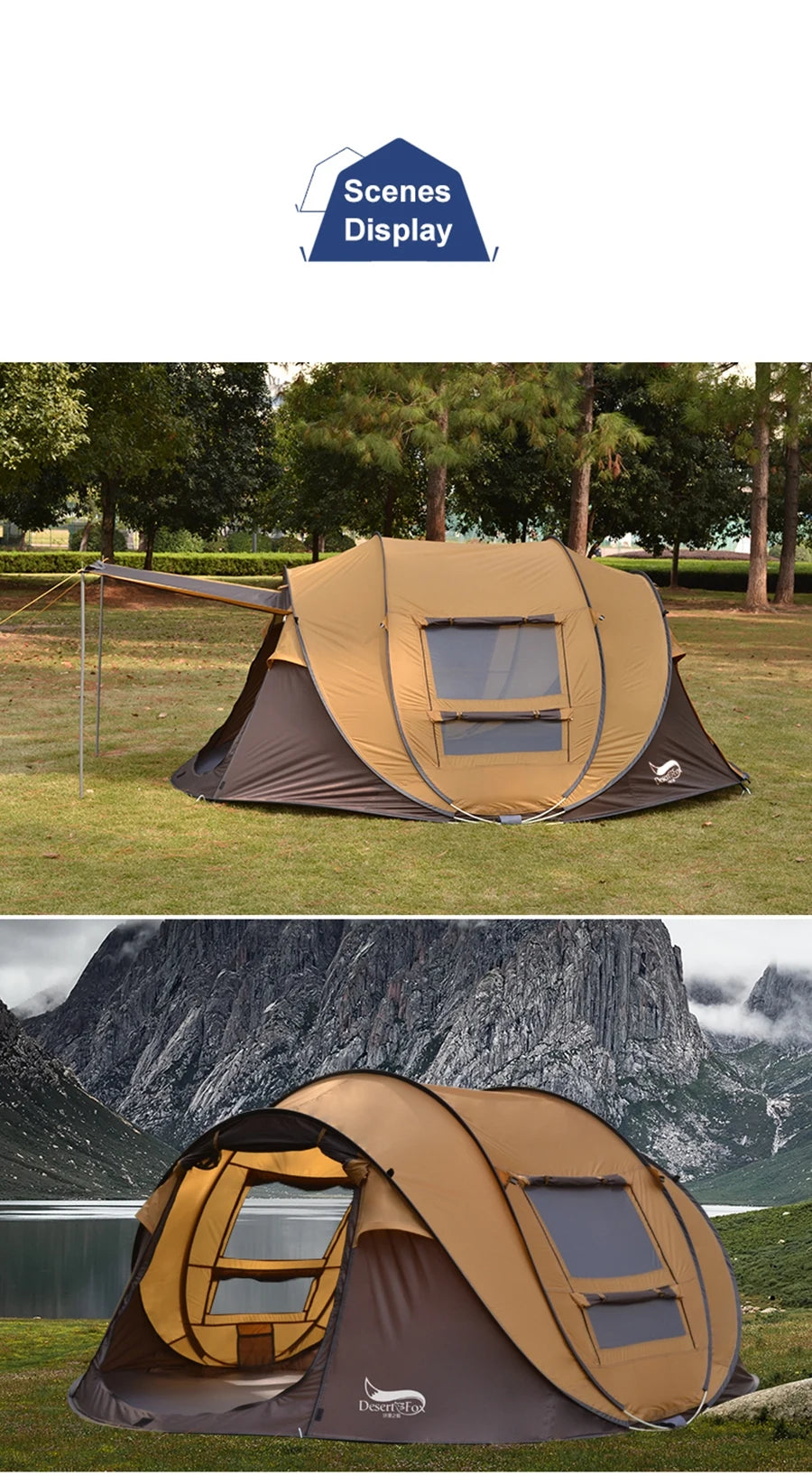 Desert&Fox Automatic Pop-up Tent, 3-4 Person Outdoor Instant Setup Tent 4 Season Waterproof Tent for Hiking, Camping, Travelling