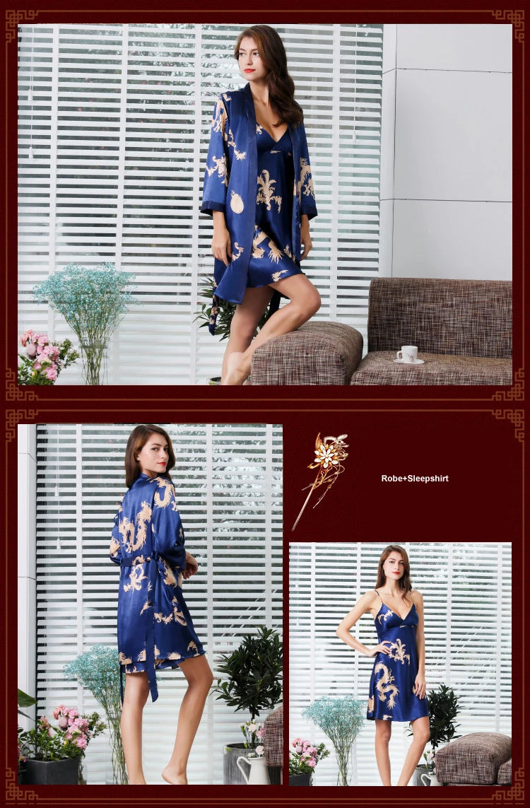 Luxury Designer women's Silk Kimono Robe Set 5XL Sleepwear Bathrobe Oversized Satin Nightgown 2PC Ladies Summer Home Clothing