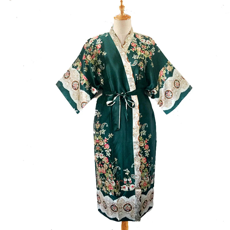 Factory Direct Selling Green Chinese Men's Silk Rayon Robe Print  Kimono Bath Gown Brand Designer Home Wear One Size  D127-03