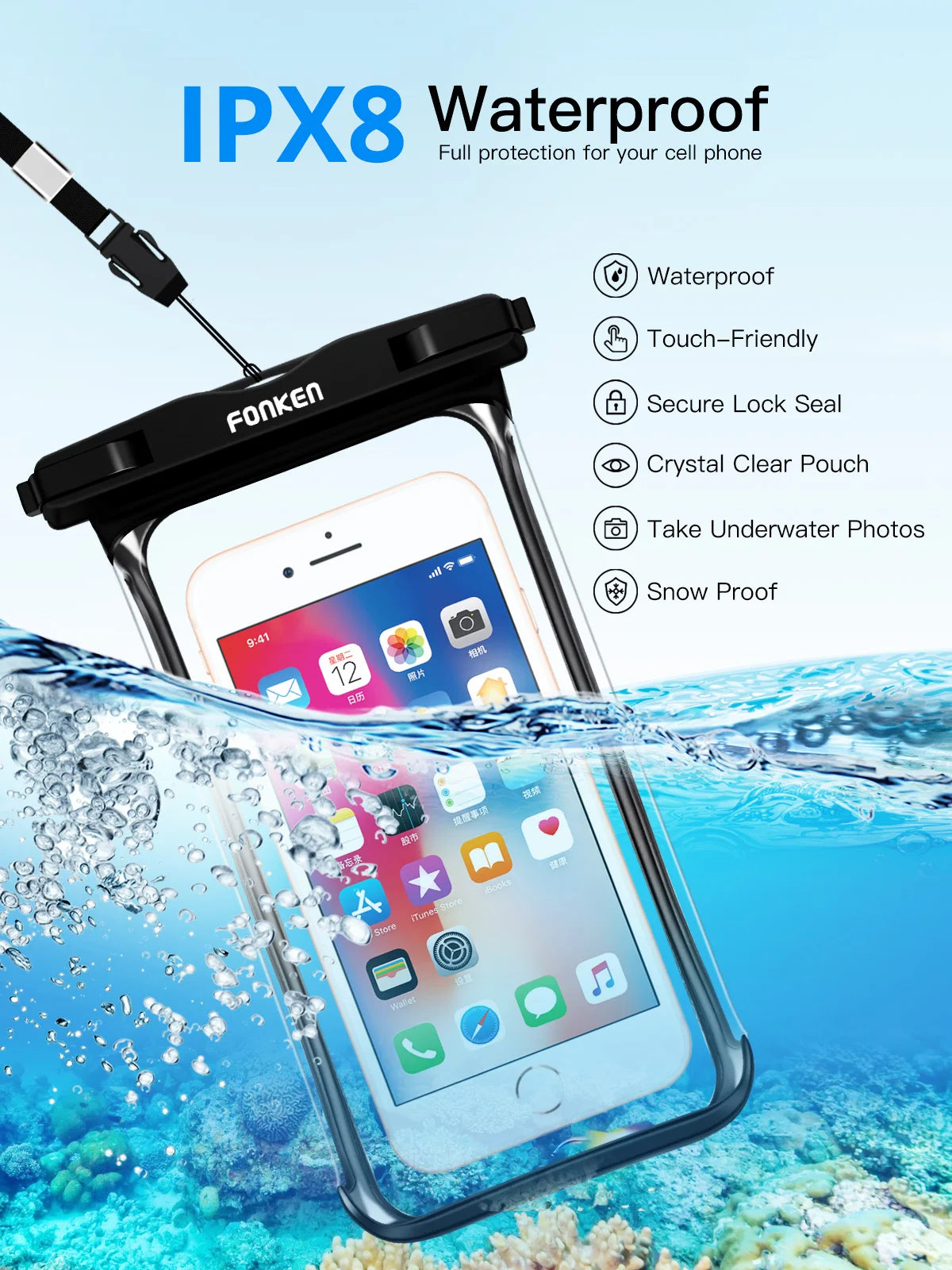 FONKEN Full View Waterproof Case for Phone Underwater Snow Rainforest Transparent Dry Bag Swimming Pouch Big Mobile Phone Covers