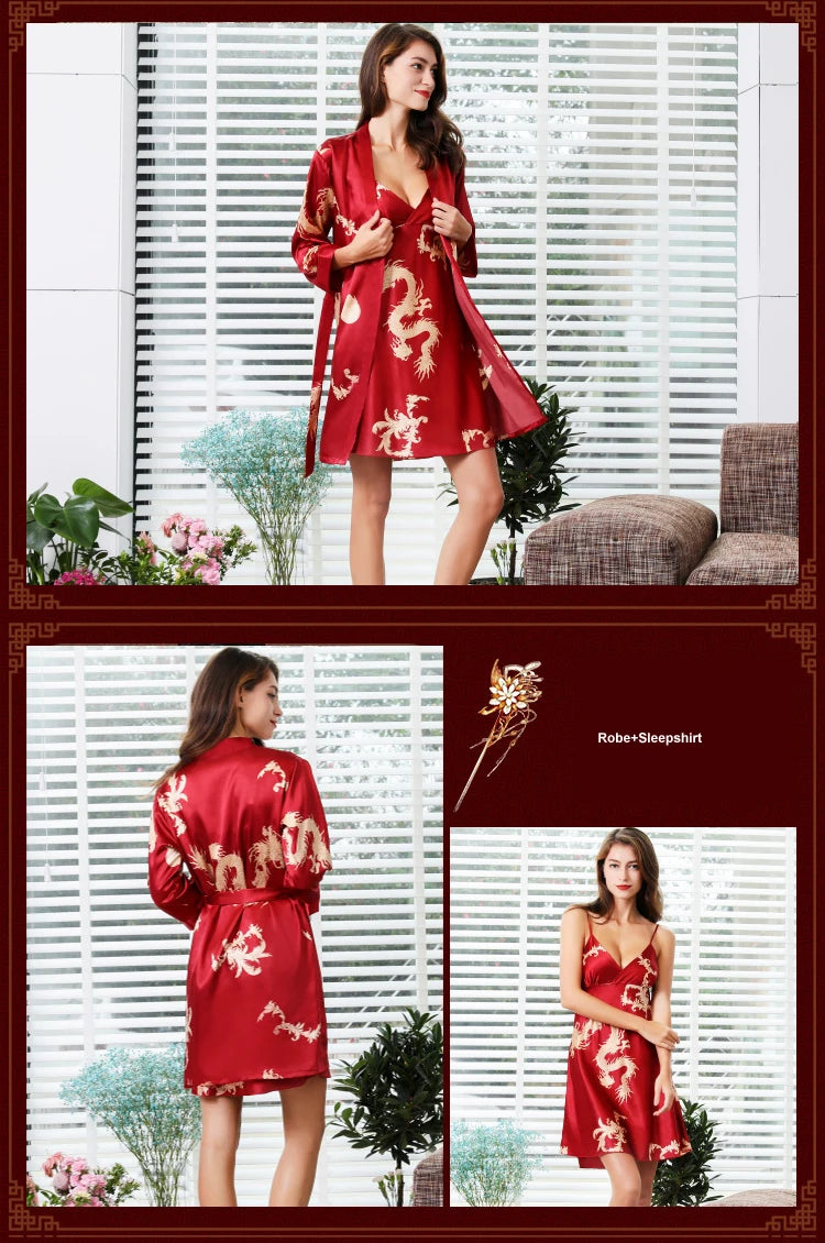 Luxury Designer women's Silk Kimono Robe Set 5XL Sleepwear Bathrobe Oversized Satin Nightgown 2PC Ladies Summer Home Clothing