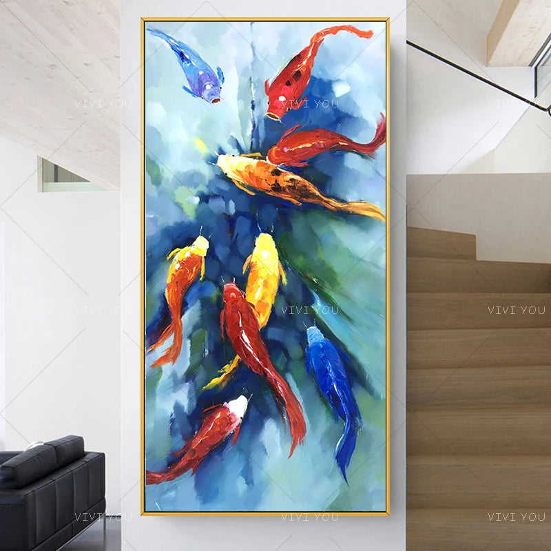 Canvas Wall Decoration 100％Hand-painted Fishes Wall Picture Oil Painting Frameless Artwork For Living Room