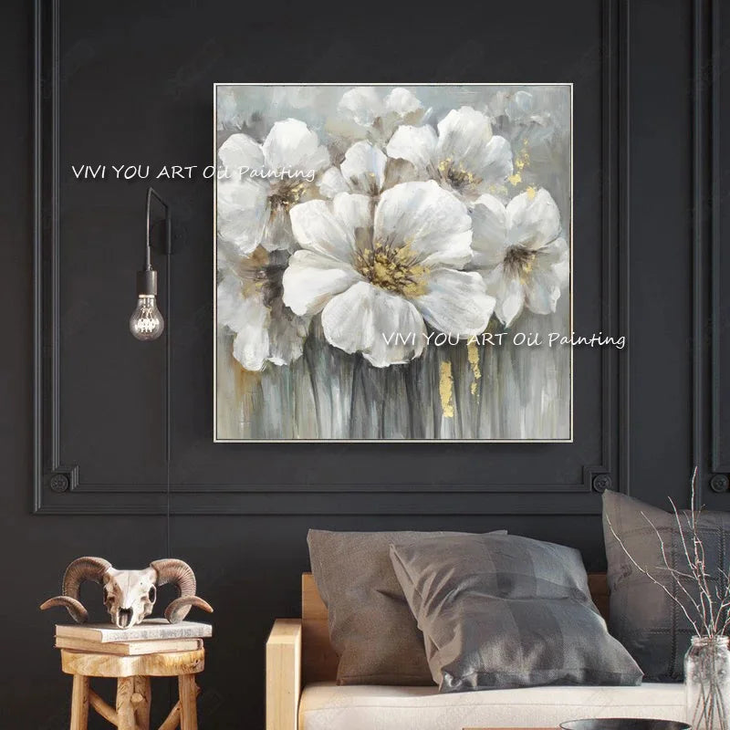 Handpainted Abstract Big White Flower Canvas Painting Modern Picture for Living Room Aisle Fashion Wall Art Picture Gifts