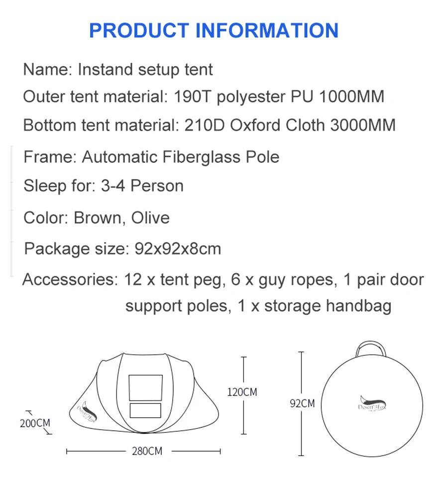 Desert&Fox Automatic Pop-up Tent, 3-4 Person Outdoor Instant Setup Tent 4 Season Waterproof Tent for Hiking, Camping, Travelling