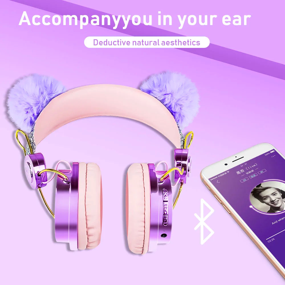 Bling Girl Kid Bluetooth Wireless Headphone With Microphone Luxury Glitter Cute Hairball Music Helmet Wired Phone Headset Gift