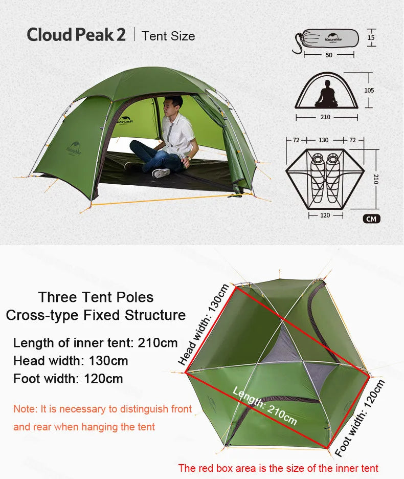 Naturehike Cloud Peak 2 Camping Tent 2-Person 20D Waterproof Ultralight Outdoor Travel Double Layer Tent 4-Season Use