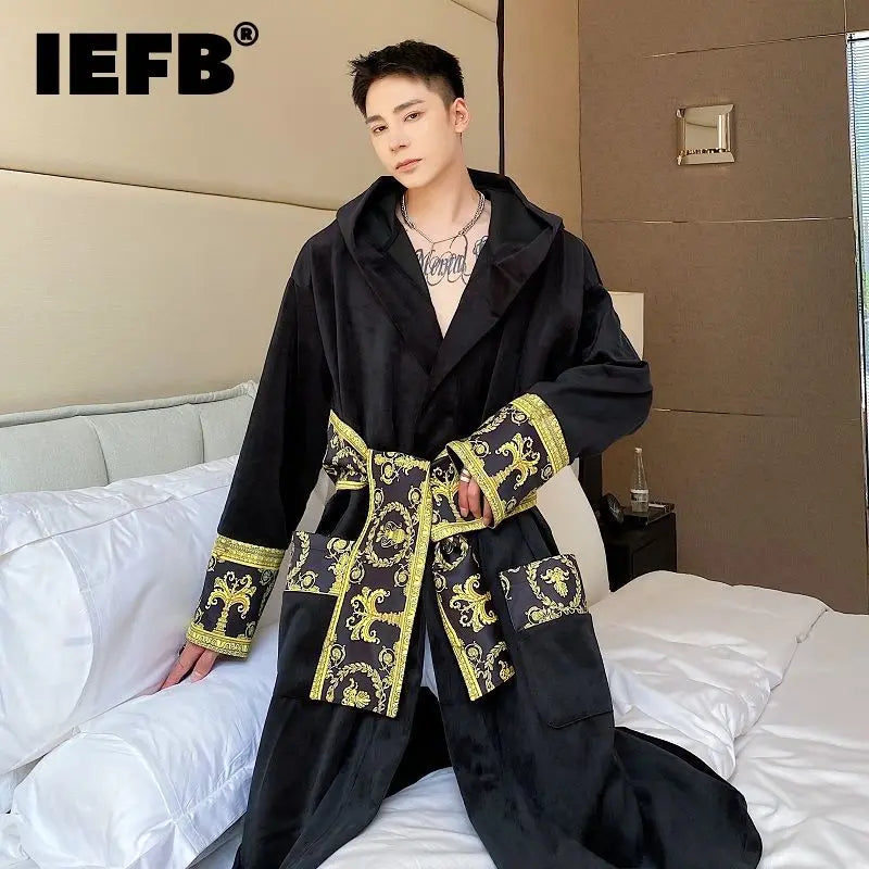 IEFB Winter Thickened Comfortable Velvet Light Luxury Hooded Long Nightgown Men's Fashion Robes Belted Warm Clothes 9Y9924