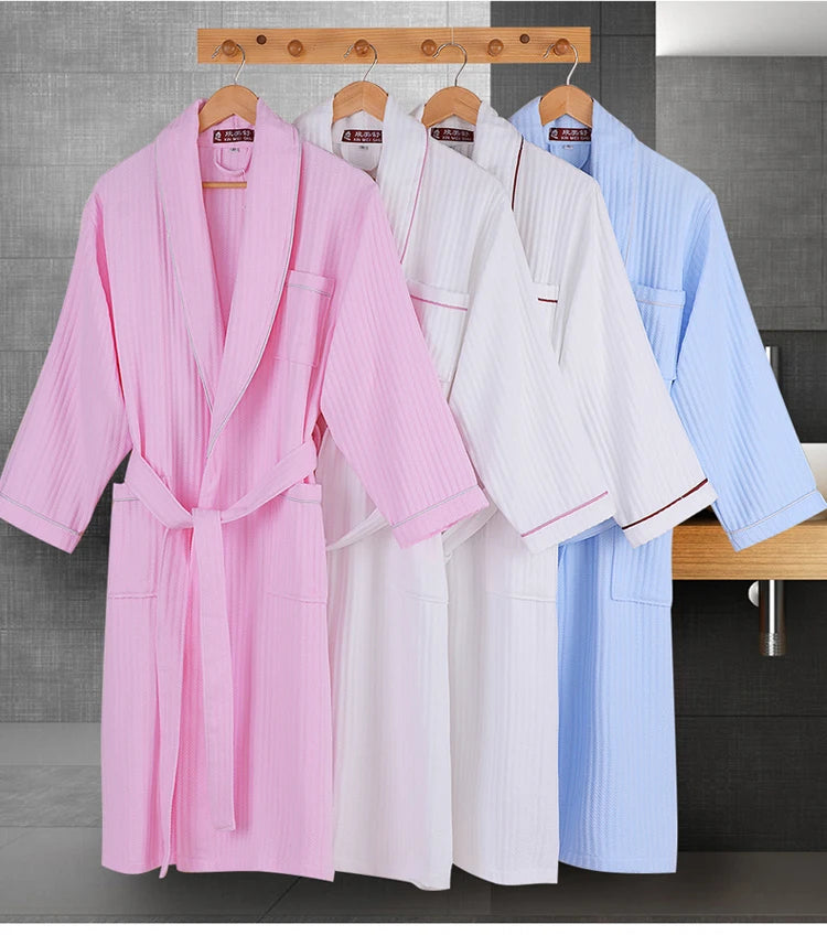 Men's Waffle Bathrobe, Long Design Kimono, Couple Nightgown, Plus Size Robe, Sleep Robe, 100% Cotton, Summer