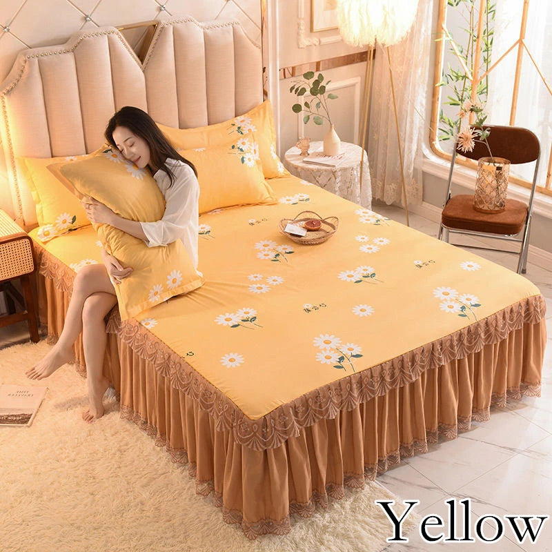 Cotton Lace Bed Skirt, Thick Anti Slip Pad, Protective Ruffled Bedding Sheet, Dust Flouncing Bedspread, Mattress Cover, 3Pcs Set