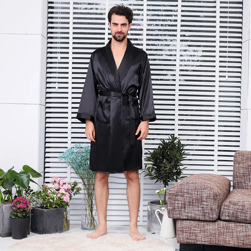 New Arrival Luxury Designer Men's Silk Kimono Robe Novelty Long Sleeve Sleepwear Bathrobe Satin Nightgown Summer Home Clothing