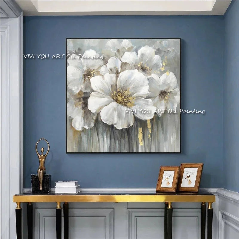 Handpainted Abstract Big White Flower Canvas Painting Modern Picture for Living Room Aisle Fashion Wall Art Picture Gifts