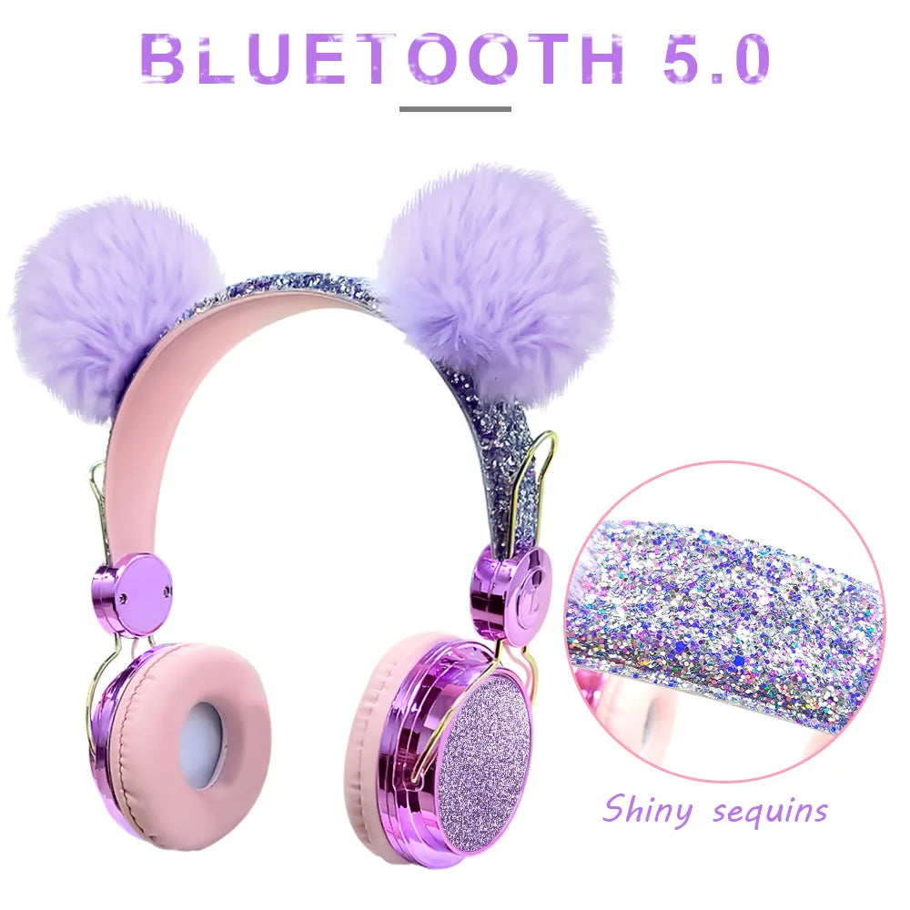 Bling Girl Kid Bluetooth Wireless Headphone With Microphone Luxury Glitter Cute Hairball Music Helmet Wired Phone Headset Gift